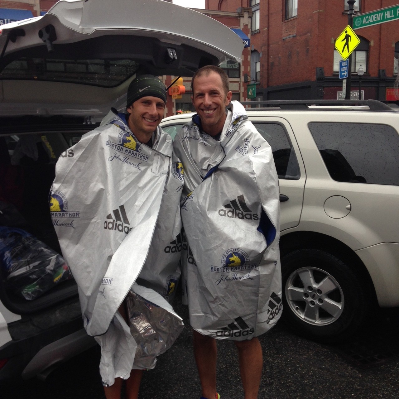Post race blankets outside a Dunkin' Donuts.